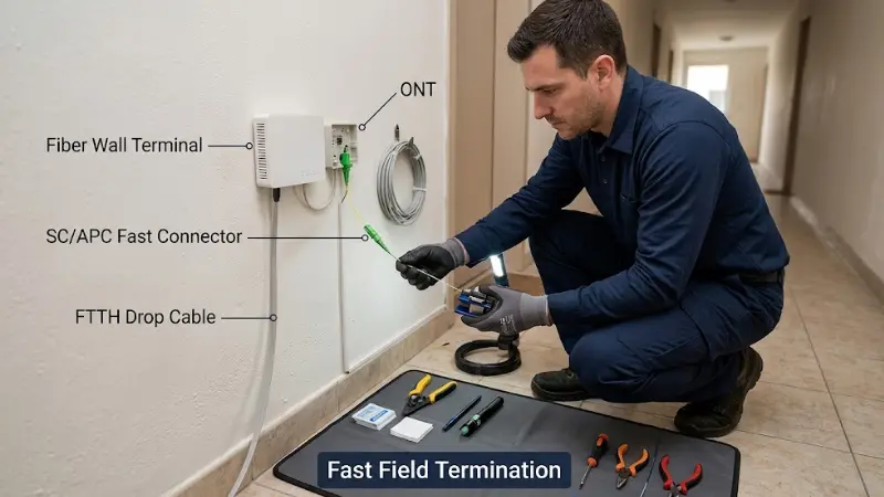 FTTH drop cable termination with SC APC fiber optic fast connector at subscriber side FTTH drop cable termination with SC APC fiber optic fast connector at subscriber side