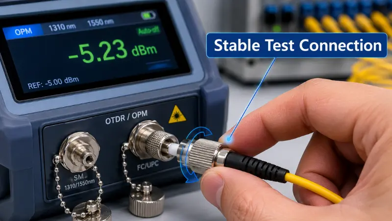 FC fiber connector attached to an optical power meter or OTDR test port for a stable test connection