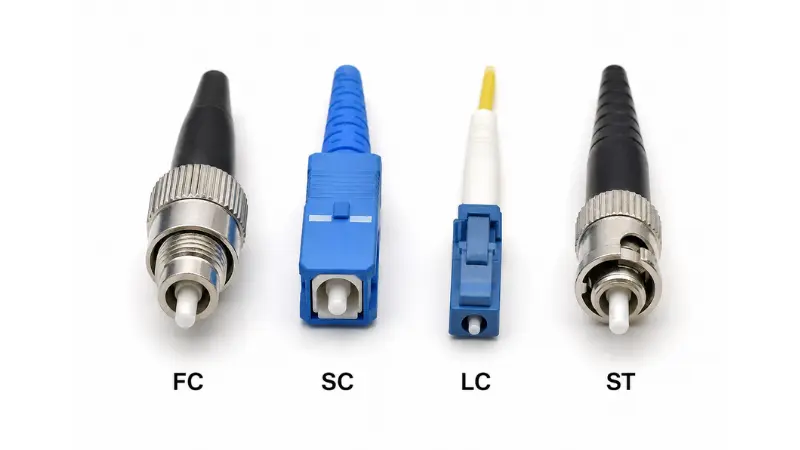 Photorealistic comparison of FC, SC, LC, and ST fiber optic connectors